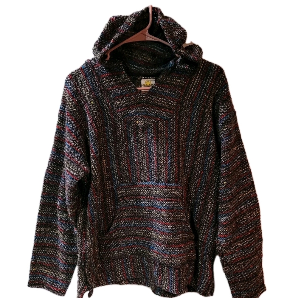 VTG 90s Baja Boho Hoodie Large Striped Made In Mexico Acrylic/Poly Grunge Surf